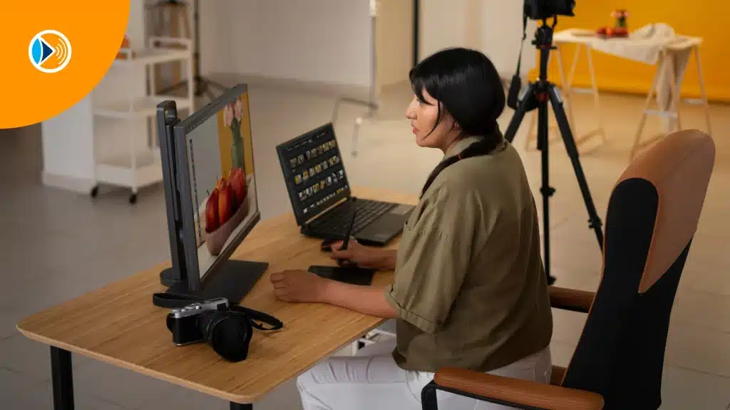 high-angle-woman-working-at-desk